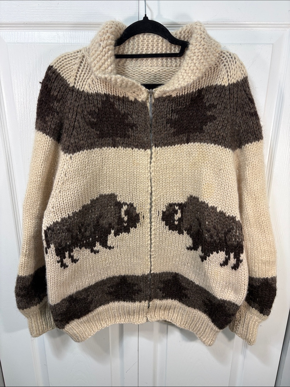 Hand Knit Buffalo Wool Zip-Up Cardigan Sweater Cream Brown Western Cabin Cozy - Picture 3 of 6